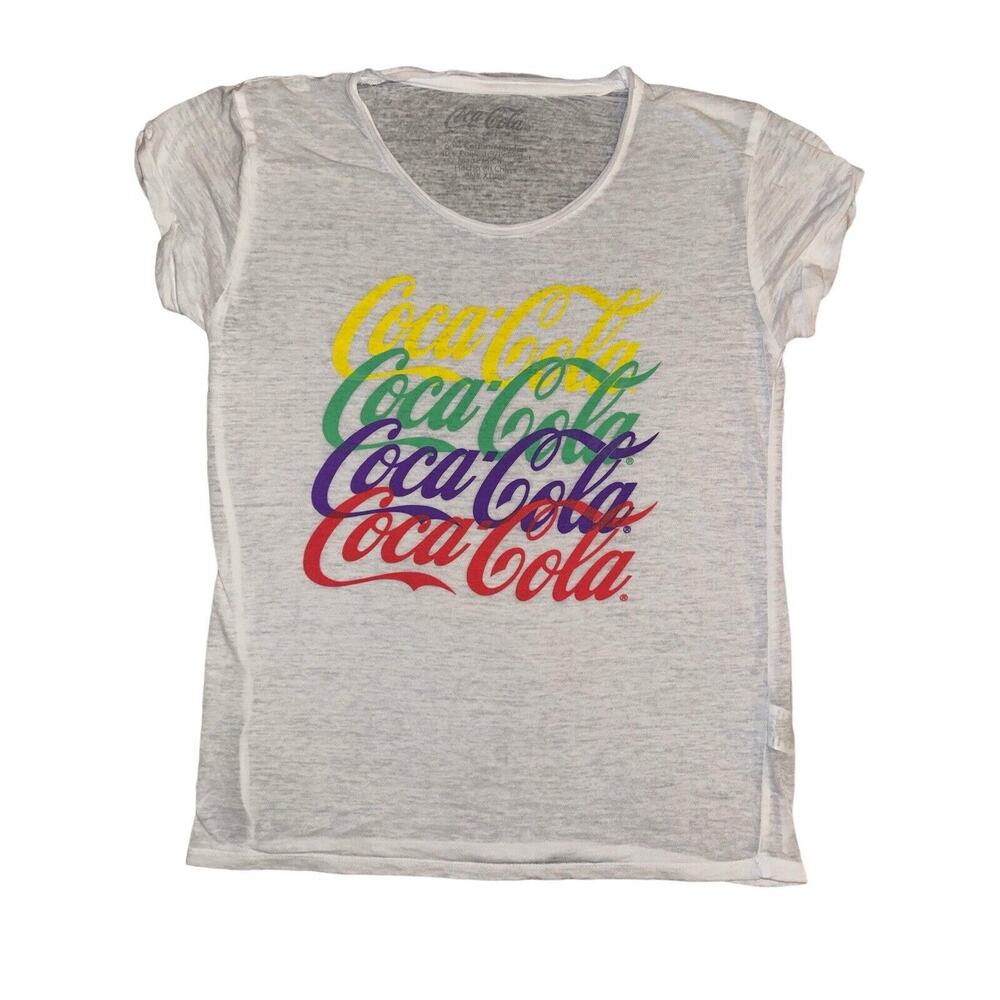 Coca Cola Womens T-shirt Size M White‎ Rainbow Multicolored Logo Burnout Tee